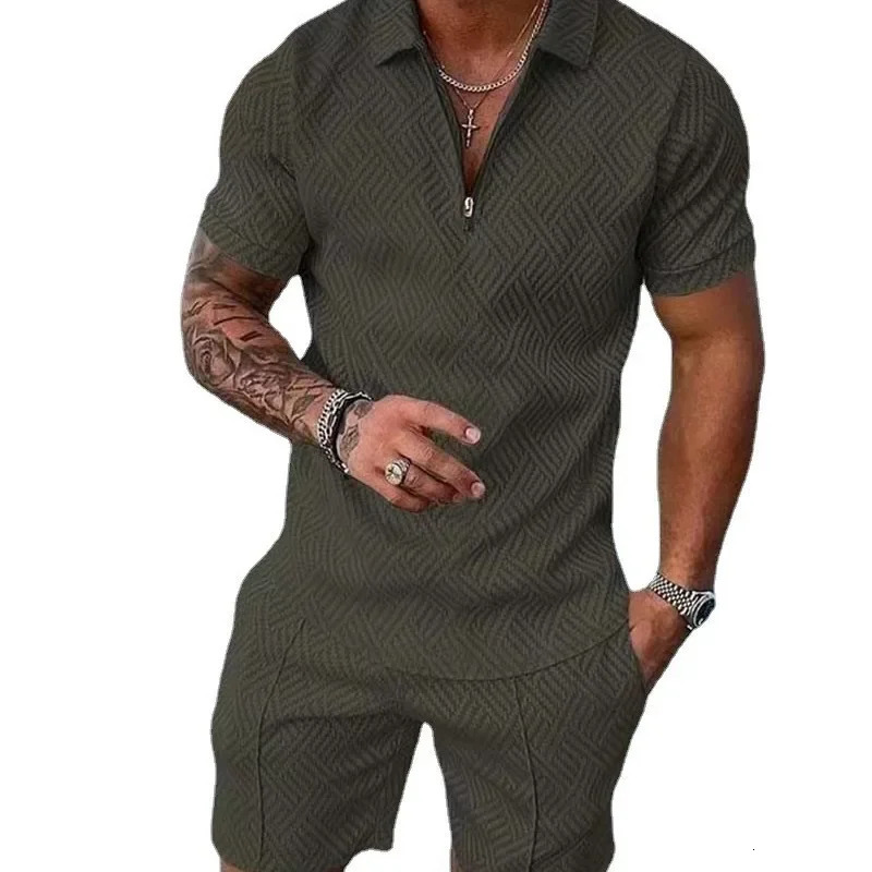 Hawaii Mens Polo Suit Fashion Men Casual Sets Solid Summer Vneck Zipper Short Sleeve POLO ShirtShorts Two Pieces 250522