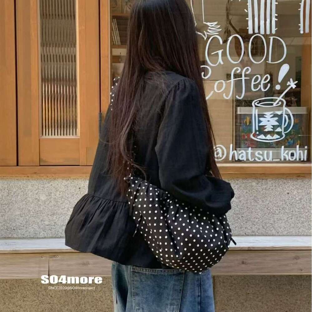 Polka Dot Korean INS Niche Cute Lace-up Pleated Single Shoulder Crescent Saddle Bag Versatile Crossbody Handbag