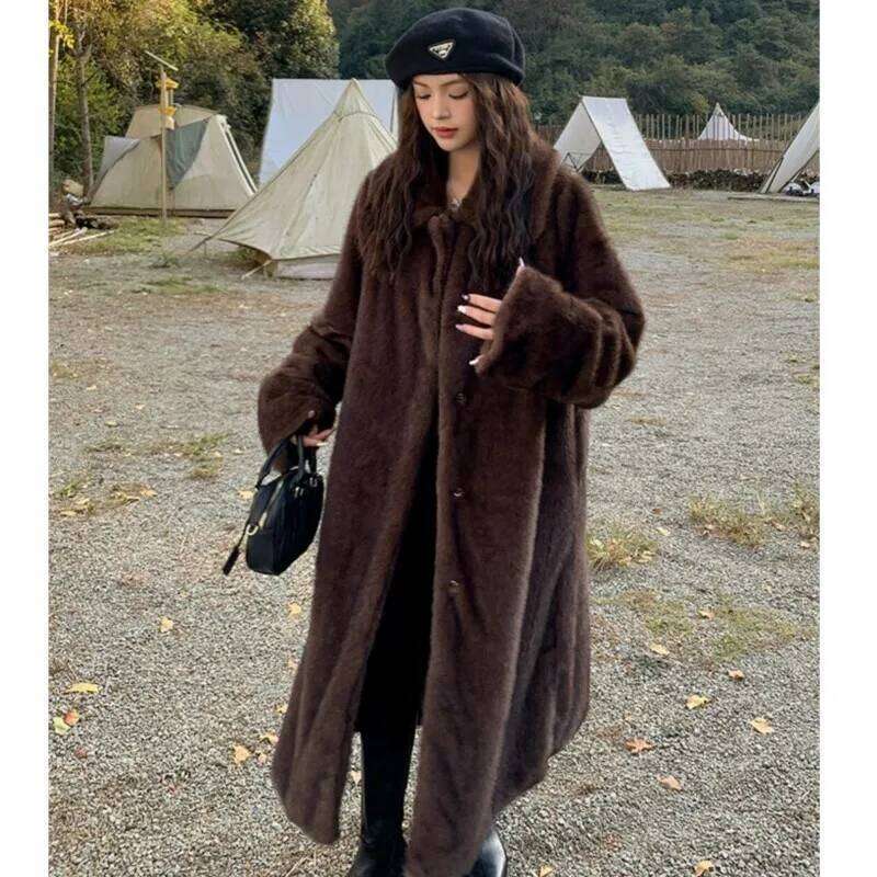 Winter Vintage Brown Lapel Mink Faux Fur CHIC Women Full Sleeve Loose Warm Below Knee Maxi Long Jacket Coat