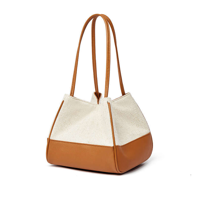Women's 2024 New Korean Internet Celebrity Color-Block Canvas Tote Basket Handbag Shoulder Crossbody Bag