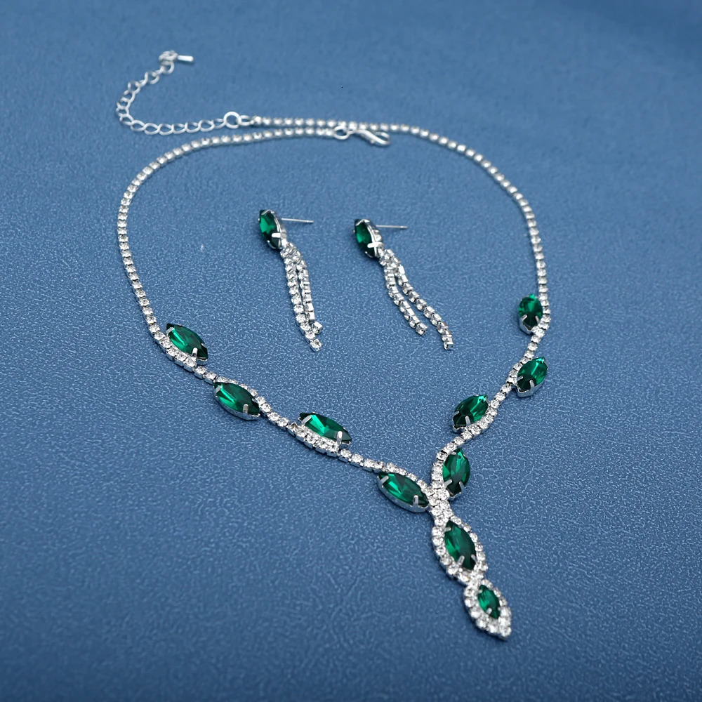 3pcs Elegant Green Crystal Jewelry Sets for Women Crystal Rhinestones Necklace Earrings Bridal Wedding Party Jewelry Sets 250526
