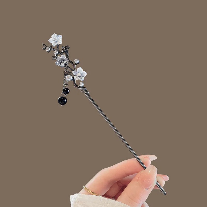 Modern Hair Stick Ink Flower Metal Tassel Hairpin Forks For Women Black Beads Fringe Clasp Chinese Hanfu Jewelry 250519