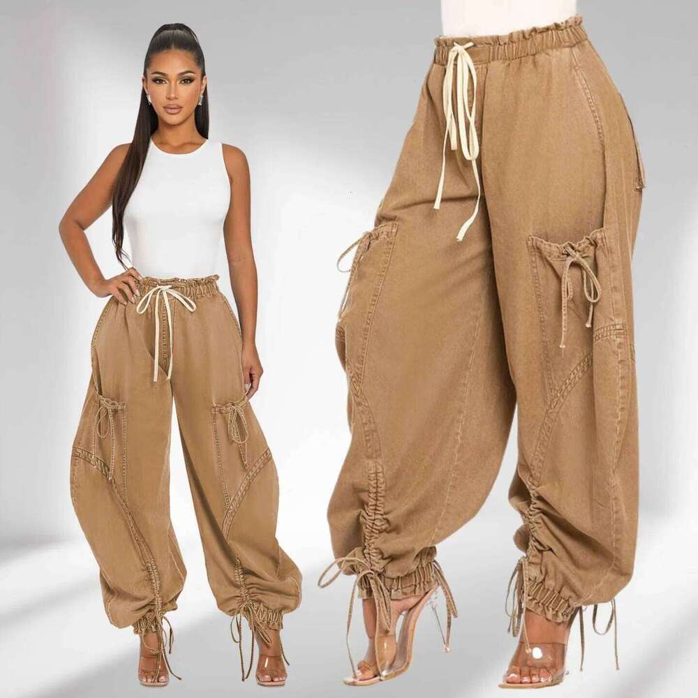 Women Streetwear Drawstring Fashion Fly Denim Pants 2024 Autumn Loose Safari Style Cargo Harem Hip Hop Jeans