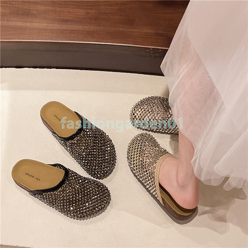 free shipping rhinestone glint sandals designer slides womens slippers black gold fashion luxury slip-on sliders clogs flat heels sandal summer casual