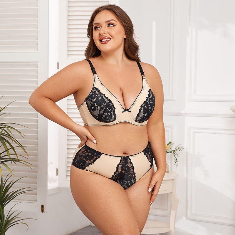 Gexifang E Cup Full Coverage Bra with Semi-Transparent Lace - Large Size Womens Underwear Set