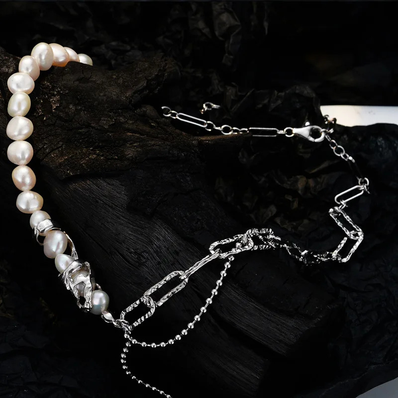 F.I.N.S Asymmetrical Chain S925 Sterling Silver Irregular Freshwater Pearl Link Chain Clavicle Necklace Statement Fine Jewelry 250520