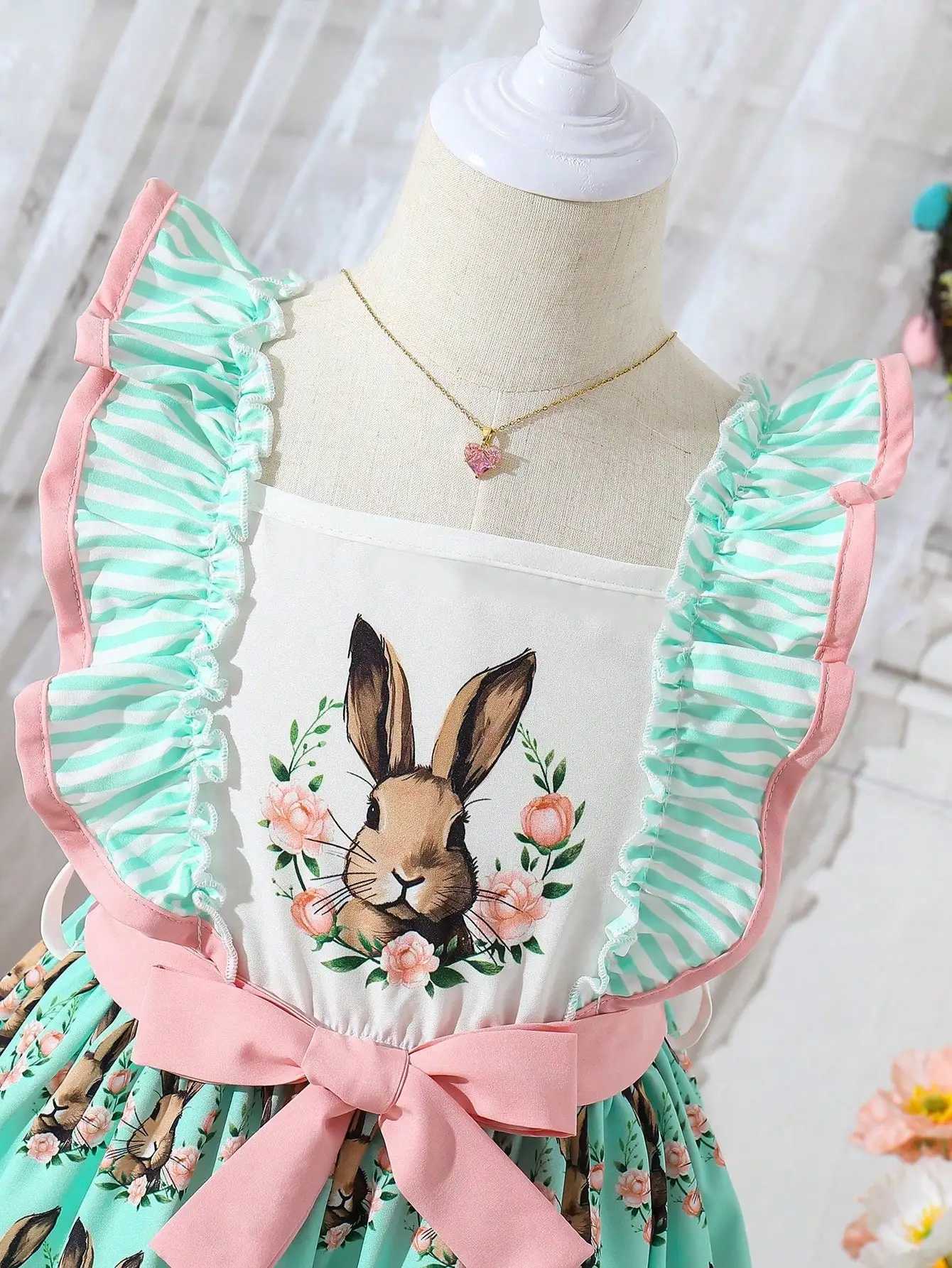 Girls Vintage Lolita Easter Dress - Bunny Print Ruffles Bow Pastel Green Comfy Party Dress for Celebrations X250528