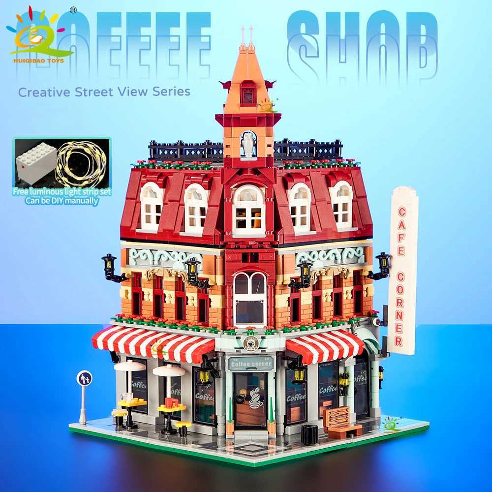 HUIQIBAO Toys MOC Ci Corner Coffee Shop Architecture Sle Street View Micro Building Blocks for Children Construction Bricks Z250528