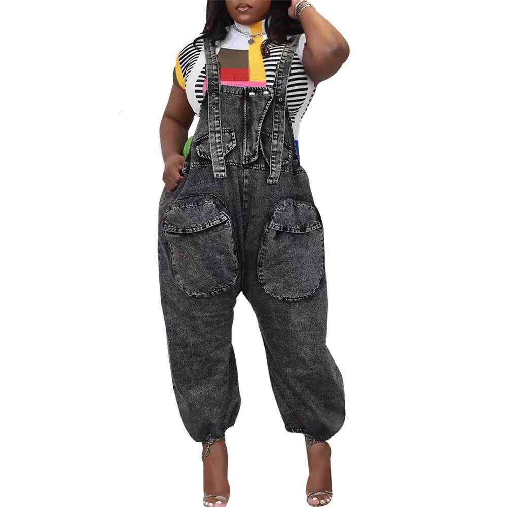 Womens Jumpsuit S-3xl Denim Cargo One Piece Outfits Wide Leg Black Fashion Streetwear New Romper Wholesale Dropshipping