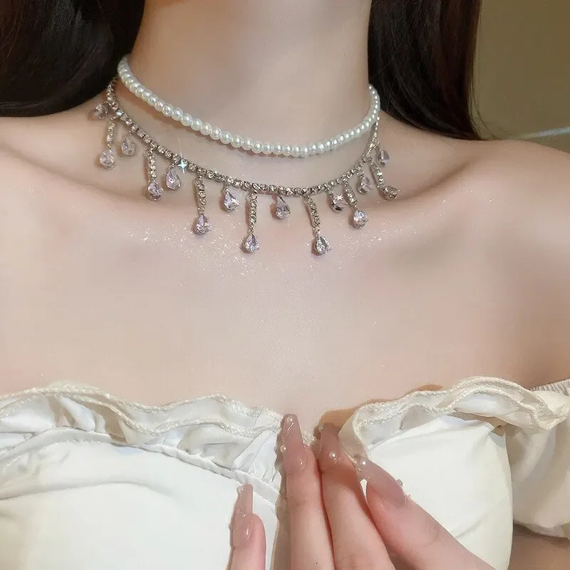 Rhinestone Crystal Chokers Necklaces For Women Multilayer Pearl Chain Necklace for Party Jewelry Accssory Gifts 250522