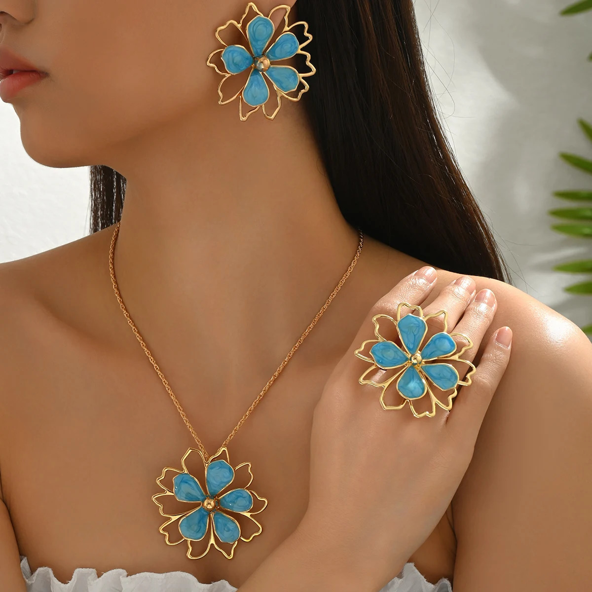 Trendy Colorful Hollow Enamel Flower Earrings Necklaces Rings for Women Bohemia Exquisite Floral Jewelry Sets Summer Accessories 250527