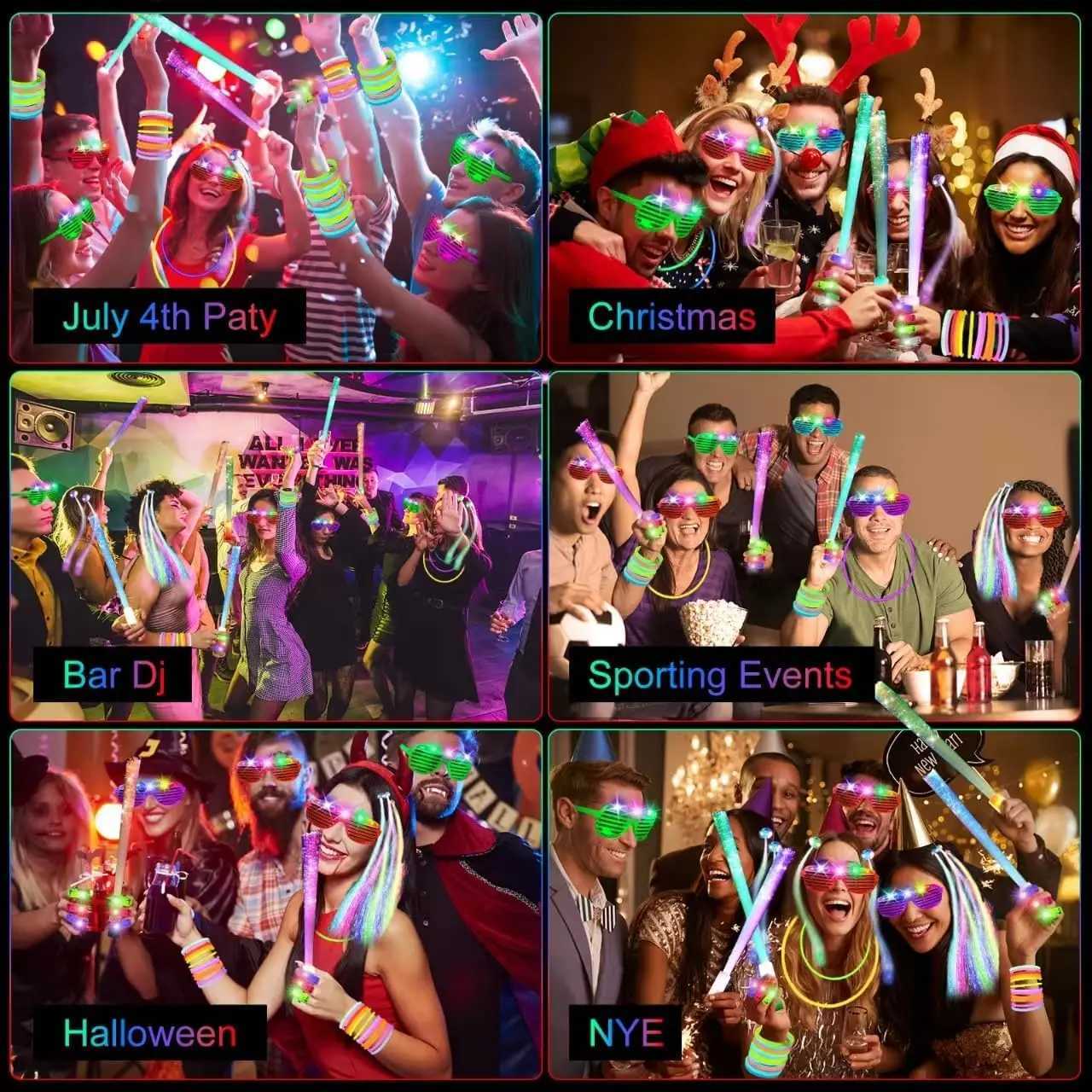 290-Pack LED Party Supplies 200 Glow Sticks 24 Fiber Wands 15 LED Glasses 33 Finger Lights 18 Hair Clips for Wedding W250528