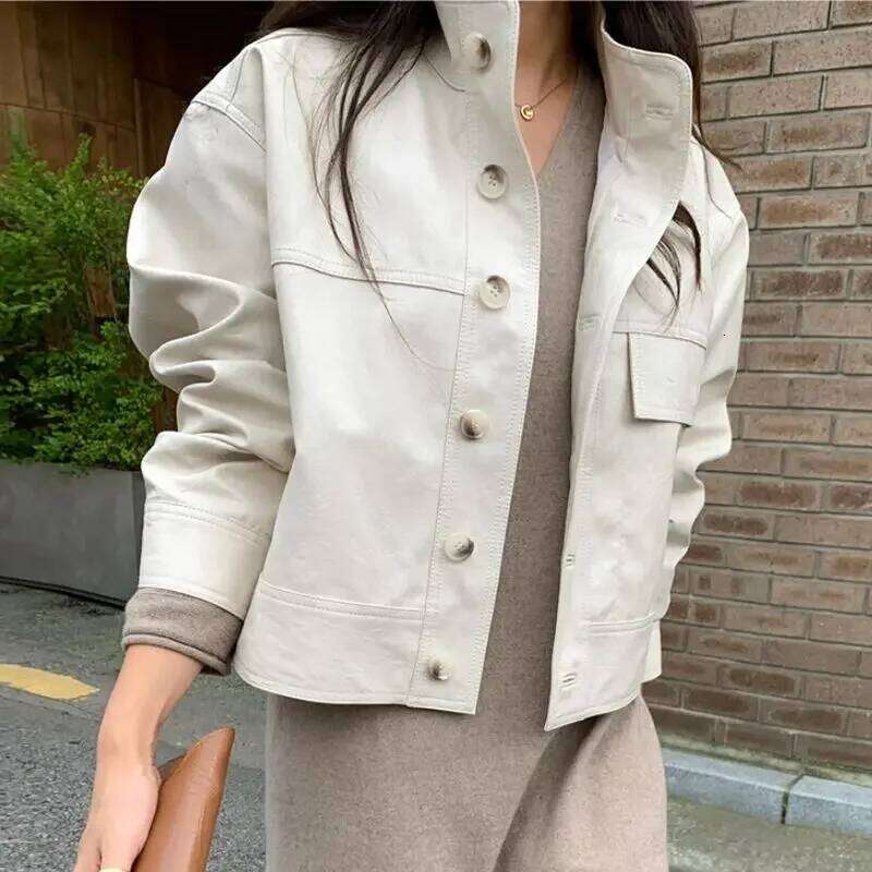 Korean Vintage Stand Collar Single Breasted Women Faux Leather Autumn Long Sleeve Casual Abrigo Mujer Short Biker Jacket