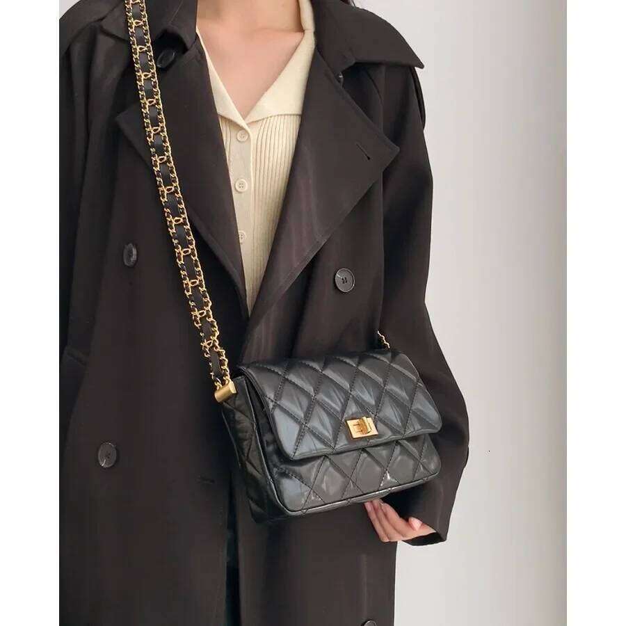 Free Shopping High-End Tweed Style Women's 23K Gold Chain 2024 New Single Shoulder Slant Cross Small Square Bag Motorcycle Equipment Acces