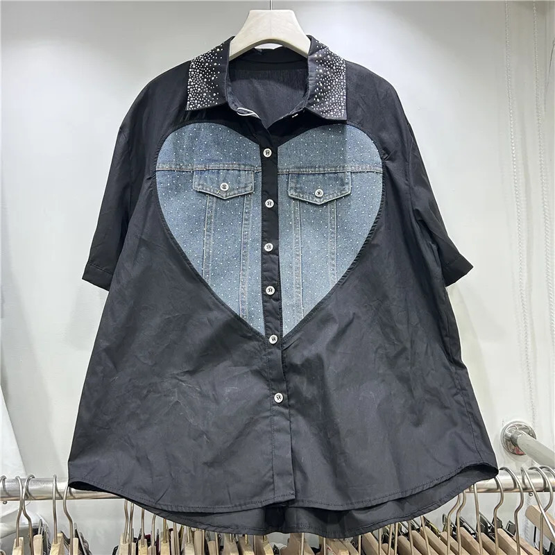 DEAT Women Shirt Loose Patchwork Denim Heart Rhinestone Single Breasted Short Sleeve Blouse Summer 2025 Fashion 29A1098 250523