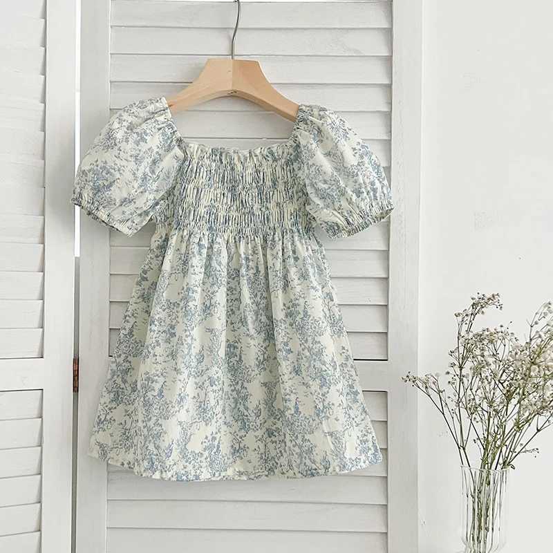 New Summer Clothes Baby Girls Princess Dresses Puff Sleeve Blue Flower Toddlers Vacation Kids Cotton Cute Dress Korean Style X250528