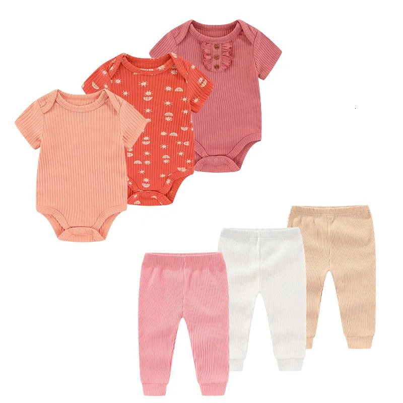 6PCS Cotton born Baby Girl Clothes Solid Color BodysuitsPants Sets Summer Cartoon Boy Print Bebes 250528