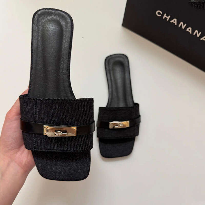 French Style Metal Buckle Flat Sandals for Women Summer Outdoor Square Open Toe Casual Vacation Beach Shoes