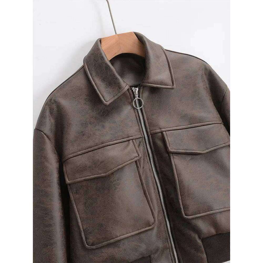 Autumn and Winter New Lapel Pocket Decoration Loose Faux Leather Bomber Jacket Short Coat Women