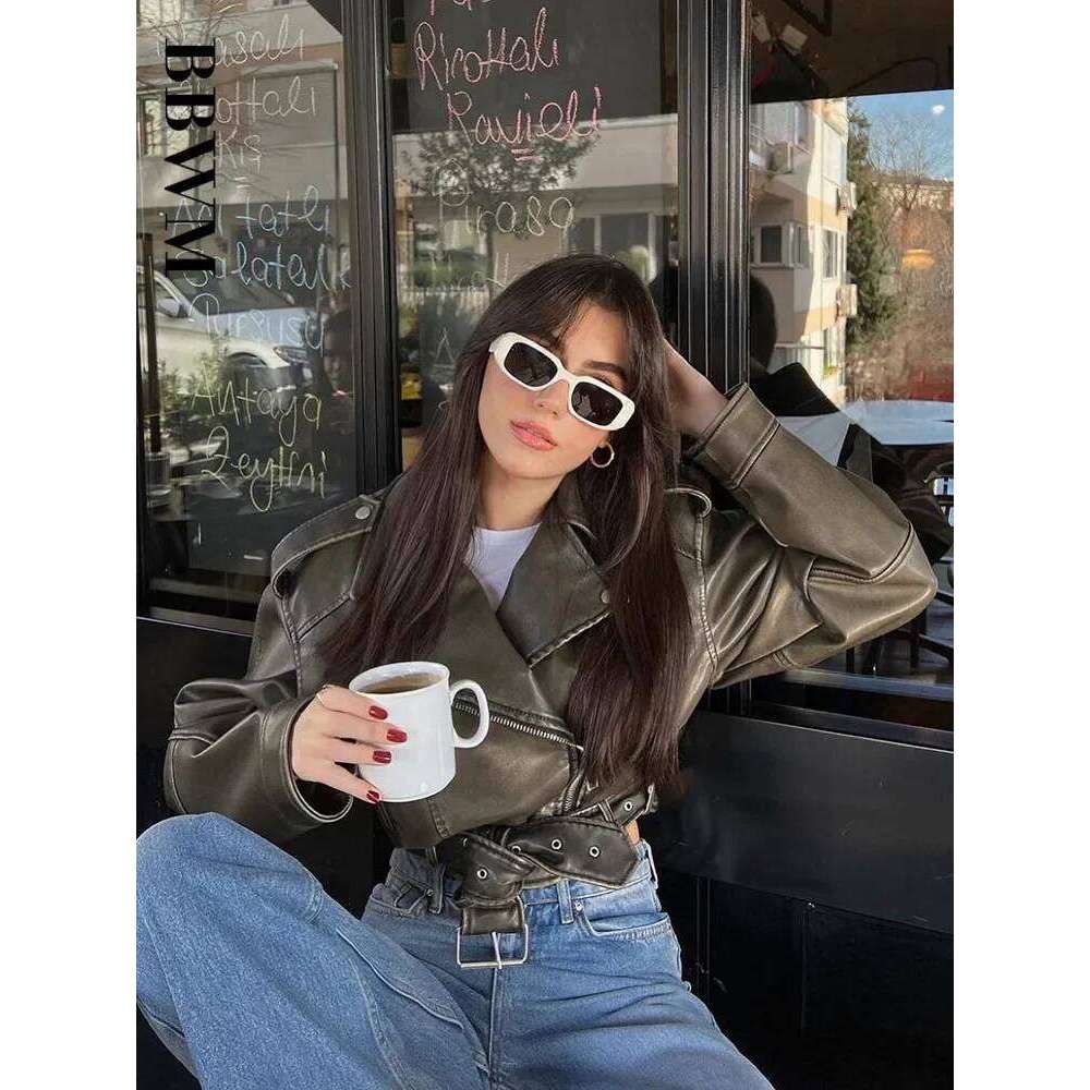 TRAF Women Oversized Vintage Loose Pu Faux Leather Short Jacket with Belt Streetwear Female Zipper Retro Moto Biker Coat Outwear