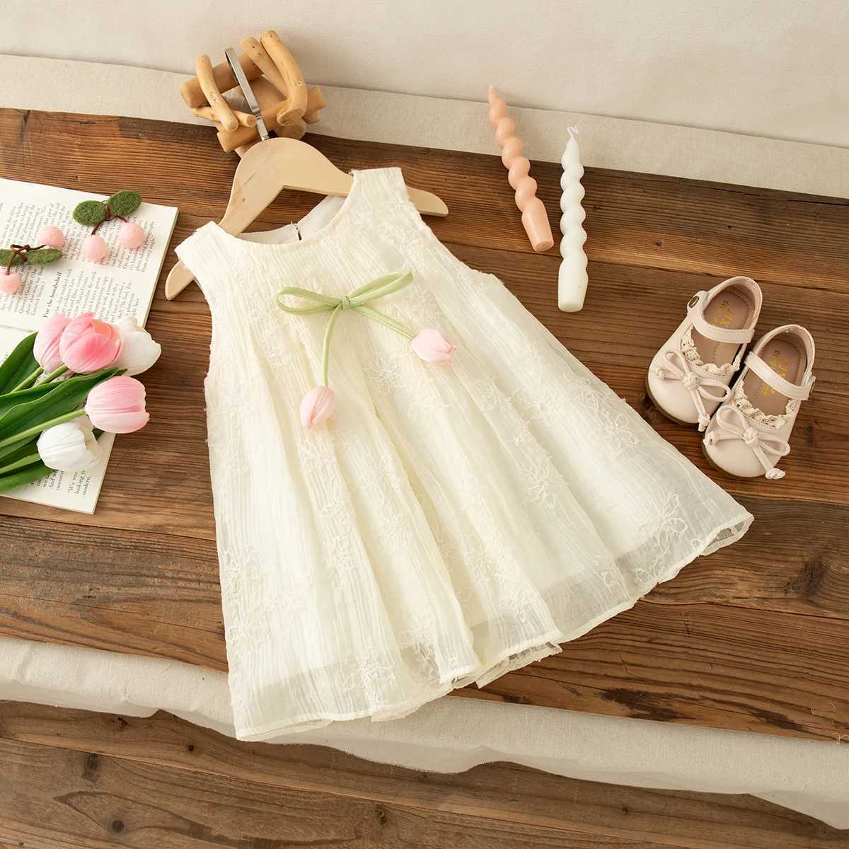 Girl Clothes Fashion Flower Decoration Sweet Pink Sleeveless Gauze Dress Summer Beach Dress Kids Clothes X250528