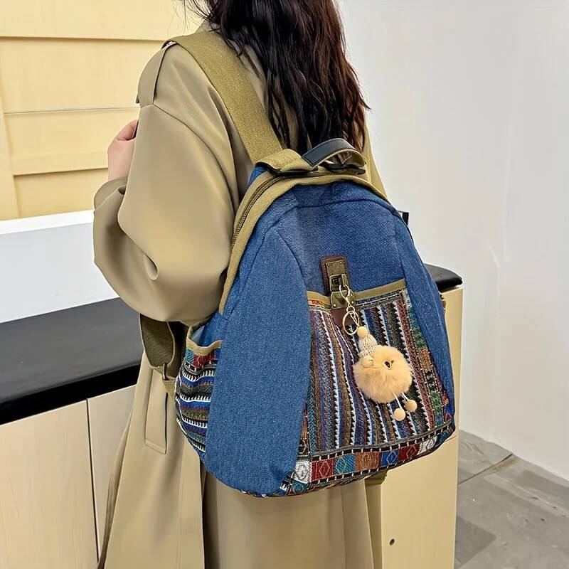 New Bohemian Denim Backpack Vintage Embroidery Spacious Travel Bag Casual Commuter Rucksack for College Student Office Daily Use