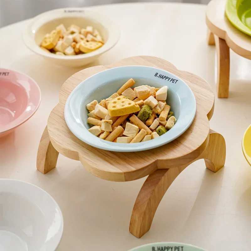 Ceramic Cat Bowl with Elevated Wooden Stand Protection Cervical Spine Puppy Feeding Bowl Drink Water Bowl Pet Supplies Y250528