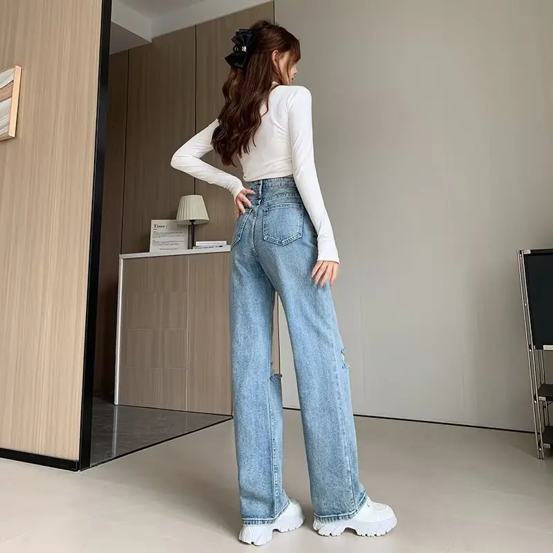 2025 Spring Summer Jean Hole Ripped Loose Full Length Blue Color High Waist Denim Pants For Women Streetwear Trousers 250516Z