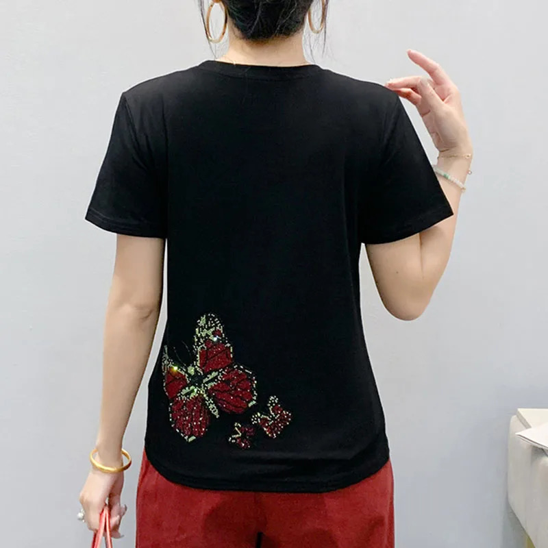 BlackSummerKoreanStyleCottonT-ShirtWomenFashionSexyButterflyShinyDiamondsTopsShort SleeveLooseTees53601 250527