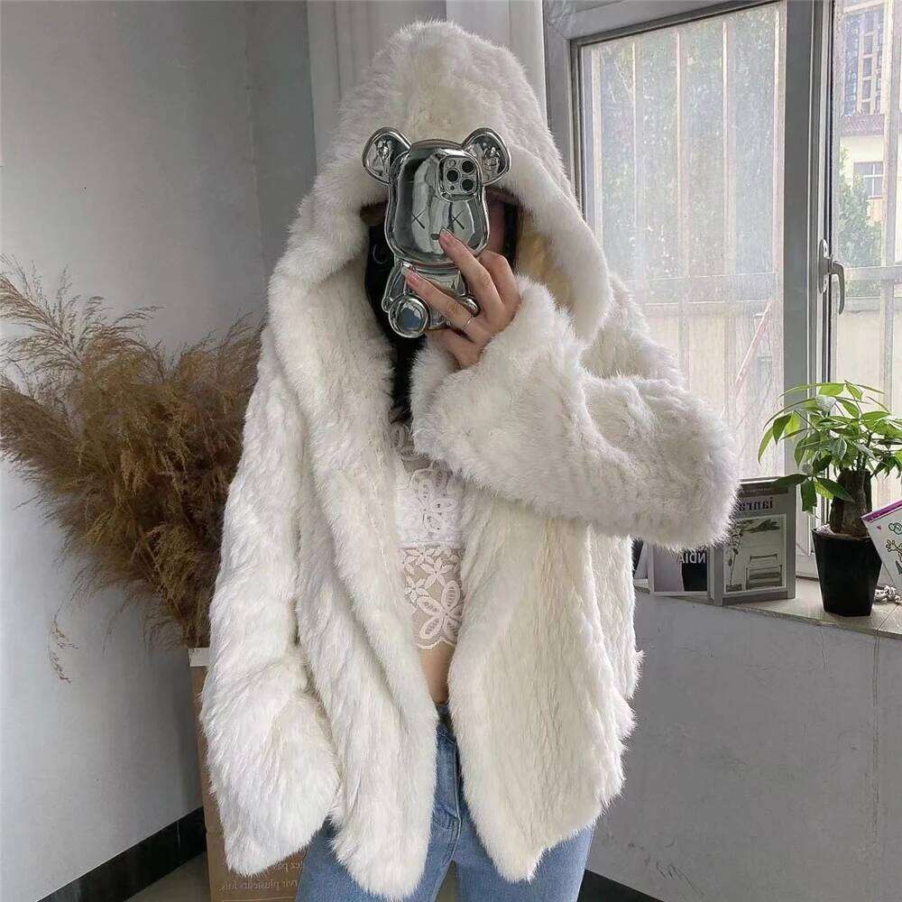 Genuine Rabbit Coat for Women Long Knitted Jacket Real Fur Fashionable Outerwear 70cm Length Autumn and Winter