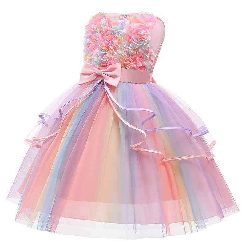 1 2 3 4 5 6 8 10 Years Flowers Baby Girls Dress Summer Rainbow Mesh Little Princess Dress Piano Performance Costume Kids Clothes X250528