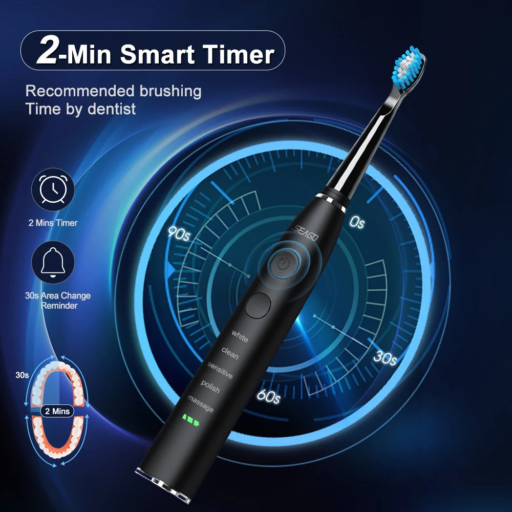 Seago Electric Sonic Toothbrush USB Rechargeable Adult 360 Days Long Battery Life IPX7 4 Replacement Heads Travel Box SG575 250519