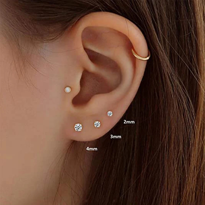 Aide 3PCS 2mm 3mm 4mm 925 Sterling Silver Ins Zircon Stud Earrings Gold Mini Minimalism Earrings Fine Jewelly Party Gift 250527