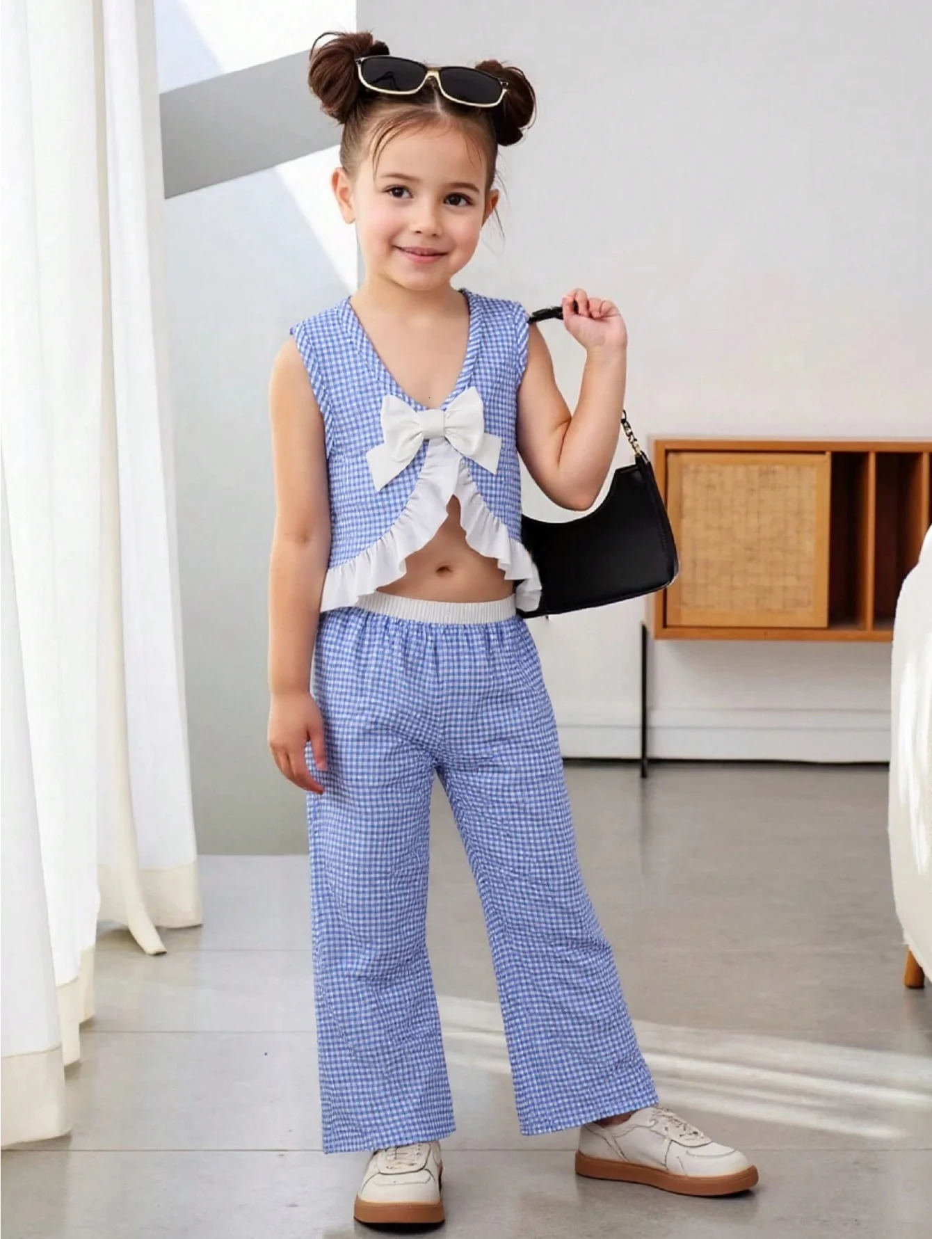 Girls plaid printed round neck sleeveless top paired with pants casual twopiece set 250528
