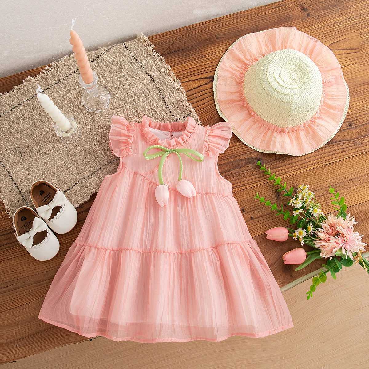 Baby Girl Dress Summer Solid Color Tulip Girl Dress Cute Bow Small Fly Sleeve Girl Princess Dress Baby Clothes Girl X250528