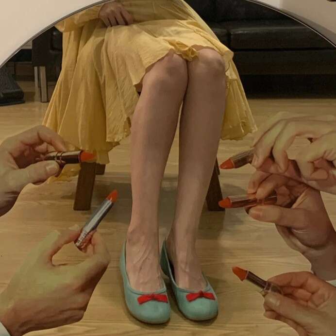 2025 Spring Summer French Bow Round Toe Ballet Women Blue Flat Fairy Evening Style Shallow Mouth Single Shoes