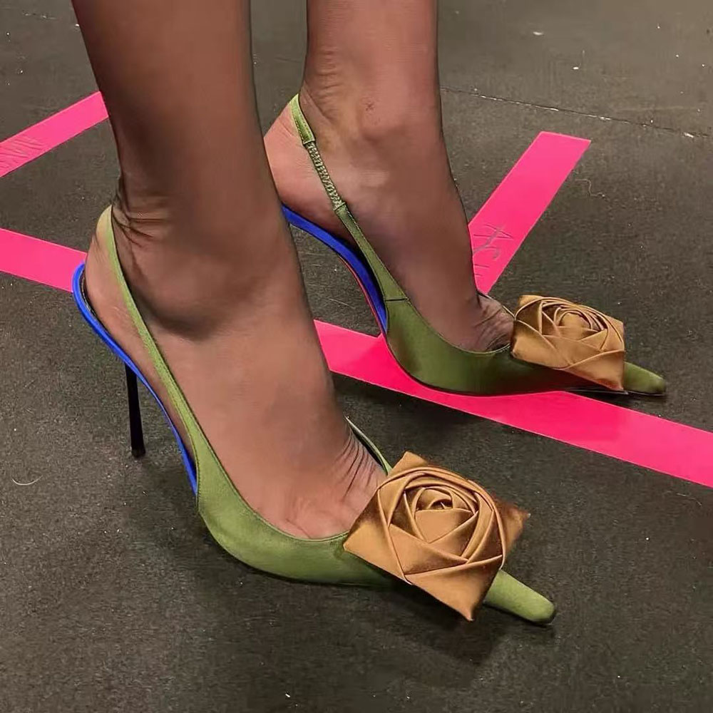 Flower decoration Silk Evening Dress shoes Pumps shoes sandals stiletto Heels Slingback for women Luxury Designers shoes 35-42