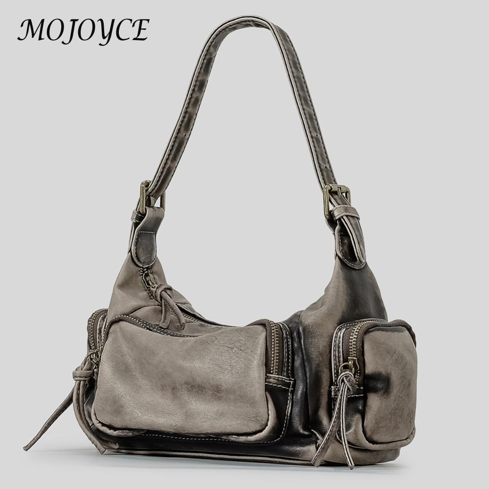 Women Y2K Underarm Bag Solid Color PU Locomotive Shoulder Bag Large Capacity Retro Tote Purse Multi-pockets for Party Vacation