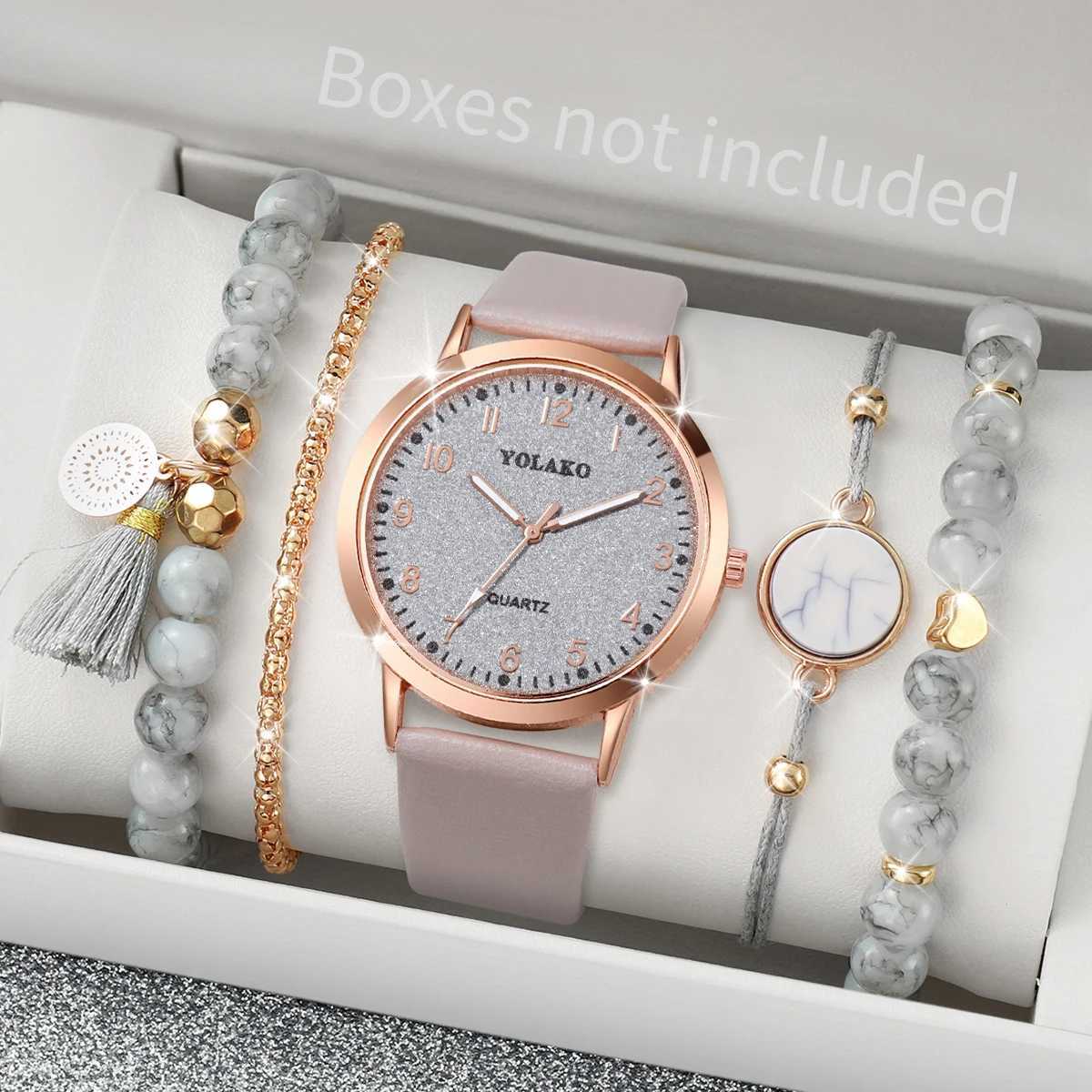 5PCS/Set Fashion Arabic Dial Women Quartz Watch Casual Leather Band Wrist Watches Bracelets Set(Without Box) XJ250527