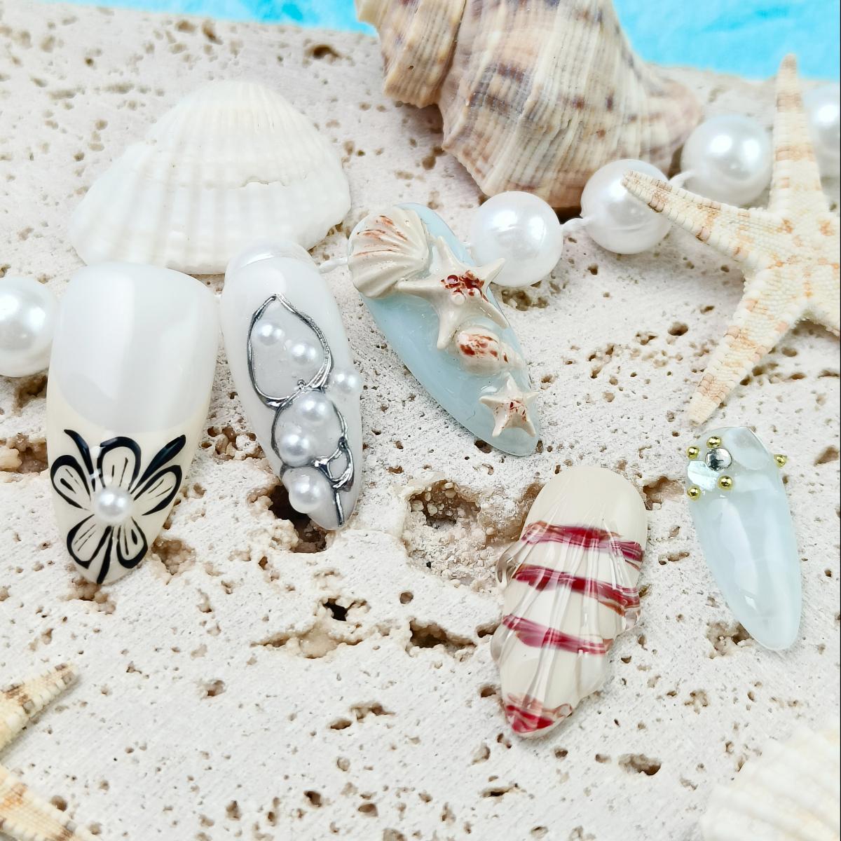 10pcs Ocean series Handmade Press-on nails Medium Almond Nails Bundle 3D Hand drawn Shell Pearl Finished nail stickers Free storage box jelly glue and