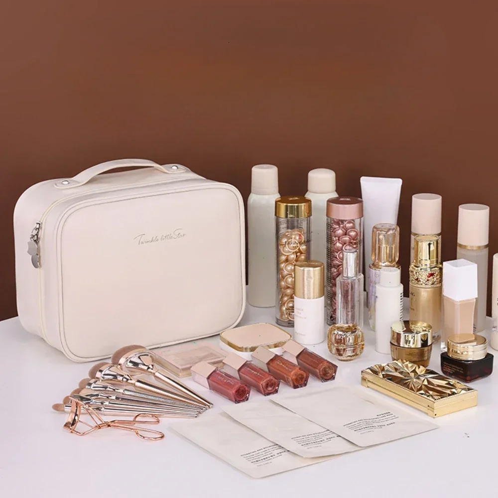 Women PU Leather Double Layer Travel Makeup Wash Clear Cosmetic Bag With Zipper Multi-Compartment Waterproof Toiletry Organizer 250527