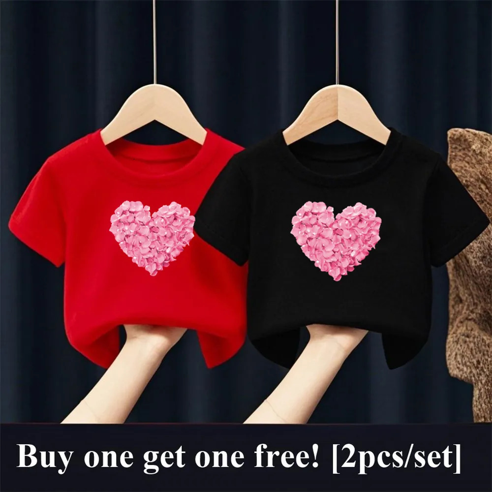 2pcsSet Girls Fashion Summer Friends T Shirt Heart Flower Tees Short Sleeve Sister Matching Outfit Kids Tops 250528