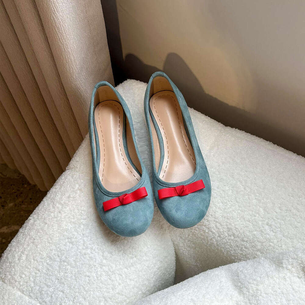 2025 Spring Summer French Bow Round Toe Ballet Women Blue Flat Fairy Evening Style Shallow Mouth Single Shoes