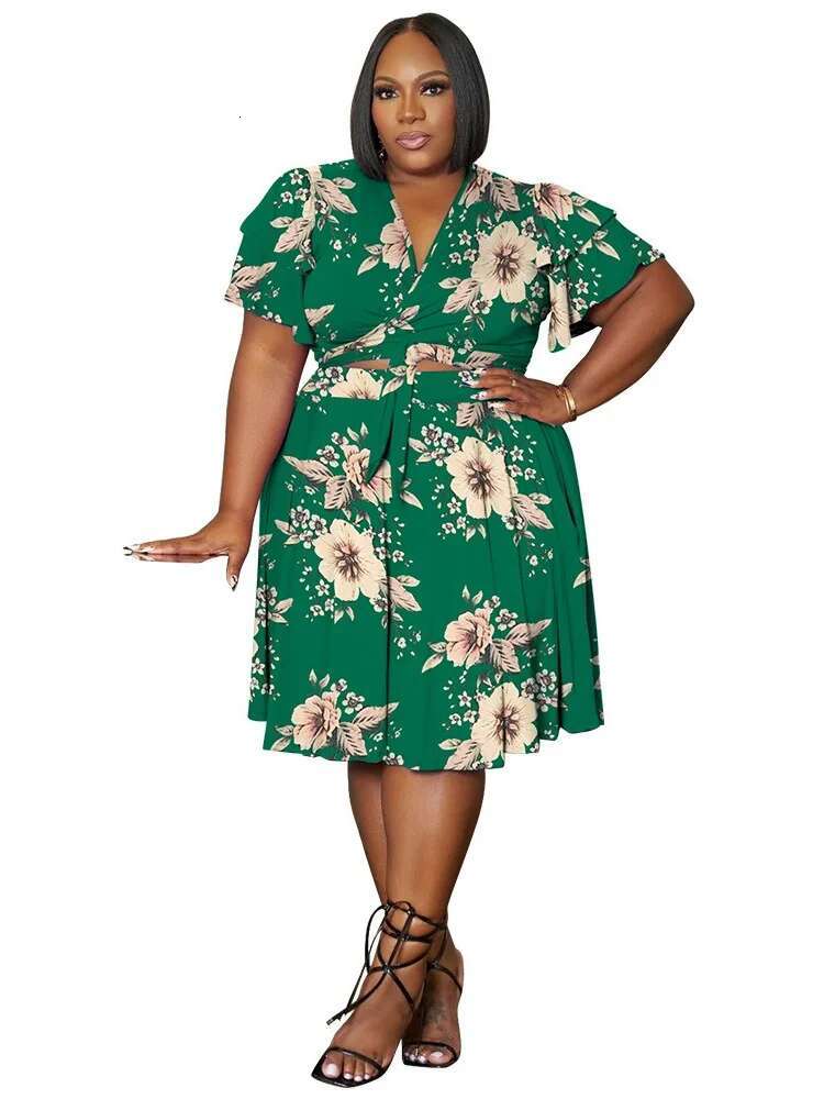 Plus Size Shorts Sets Casual V Neck Crop Top and Short Skirts Two Piece Women Matching Outfits Wholesale Dropshipping