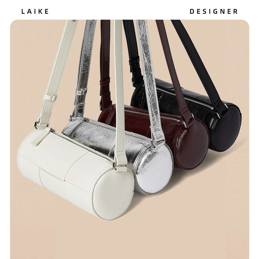 Women's 2024 New High-End Oil Wax Genuine Leather Woven Cylinder Single Shoulder Crossbody Mini Pillow Bag for Women