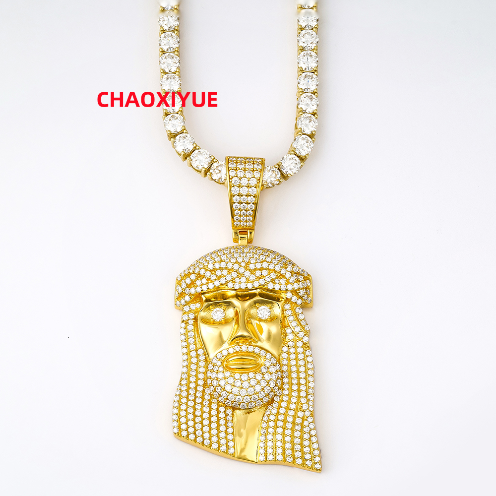 Yellow Gold Color 925 Silver Jewelry Hip Hop Ice Out Gra Vvs Cuban Tennis Necklace Chain Mossanite Moissanite Jesus Pendant