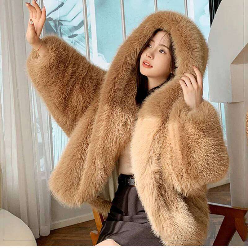 & 2025 New Fashion Winter Solid Color Temperament Faux fox Hair Hooded Women Fur Coat Qvercoat H181