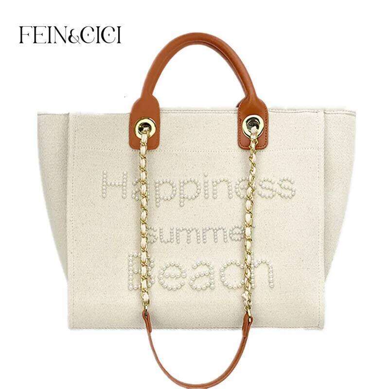 Women Designer Shopper Brand Beaded Pearls Canvas Tote Handbag Large Capacity Shoulder Genuine Leather Handle Beach Bag