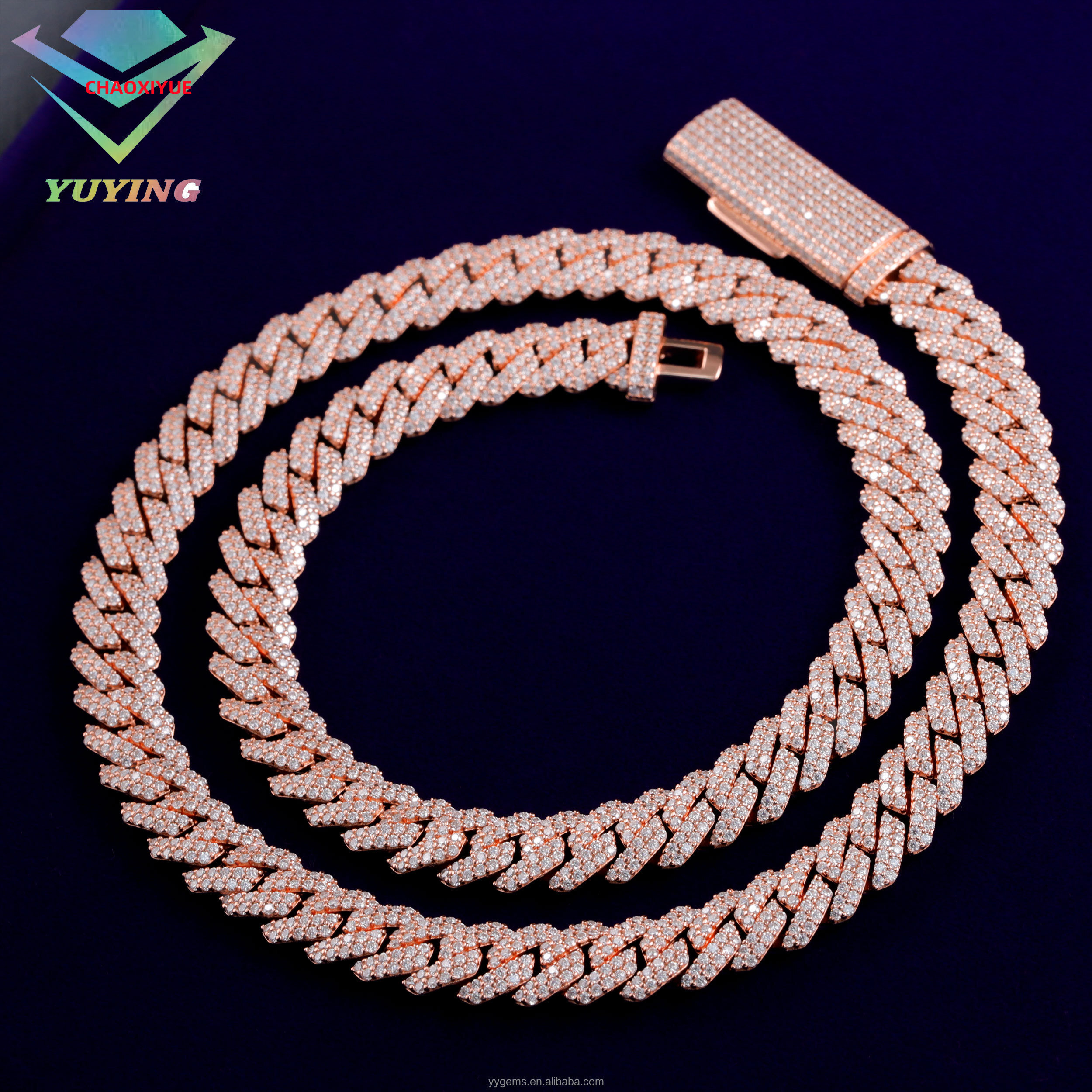 Hip Hop Rose Gold Iced Out 925 Silver 10mm Two Rows Iced Out VVS Moissanite Diamond Cuban Link Chain for Rapper Jewelry