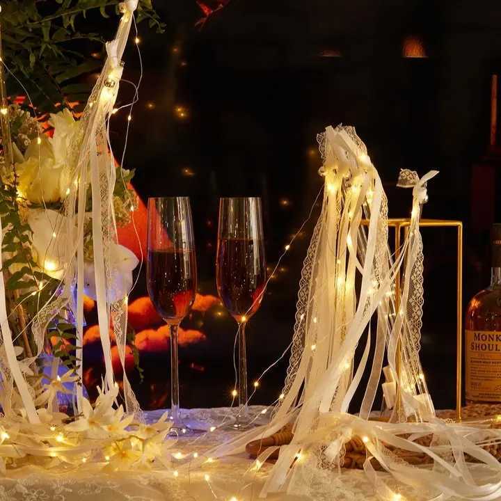 20-60PCS Light Up Wedding Sparklers LED Wedding Wands Streamers Silk Fairy Wands with Bells for Birthday Concert New Year Raves W250528